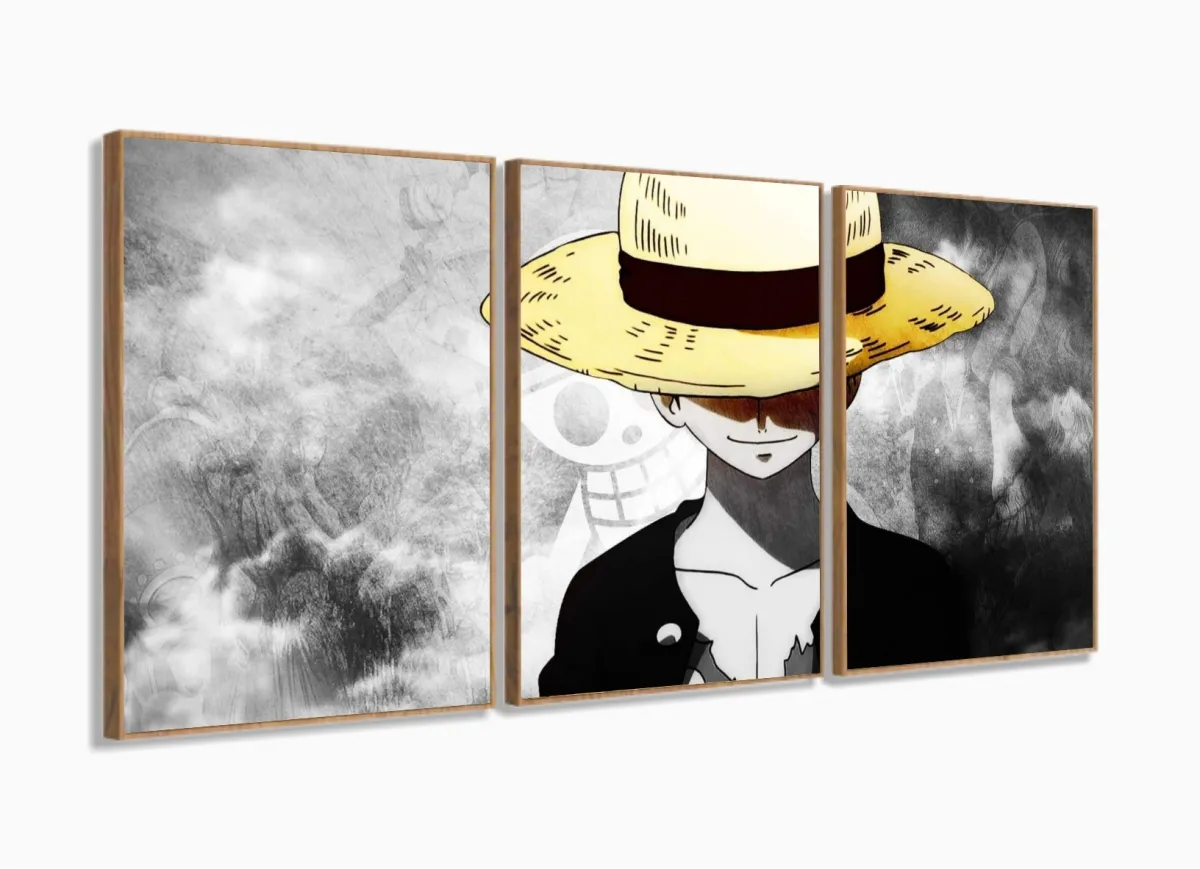 Quadro decorativo One Piece Mosaico Luffy 120x60 3 peças com moldura filete Imagem