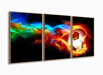 Quadro Decorativo peças Bola Futebol Fogo em tecido 120x60 3 peças com moldura filete
