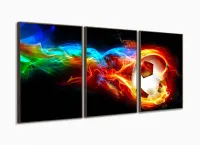 Quadro Decorativo peças Bola Futebol Fogo em tecido 120x60 3 peças com moldura filete - Foto 2