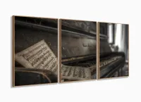 Quadro Decorativo Piano Antigo Mosaico Em Tecido 3 Peças com moldura filete