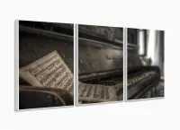 Quadro Decorativo Piano Antigo Mosaico Em Tecido 3 Peças com moldura filete - Foto 4