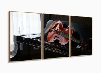 Quadro Decorativo Piano E Violino Com Tela Em Tecido com moldura filete
