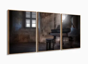 Quadro Decorativo Piano Retrô Música Em Tecido 3 Peças com moldura filete