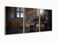 Quadro Decorativo Piano Retrô Música Em Tecido 3 Peças com moldura filete