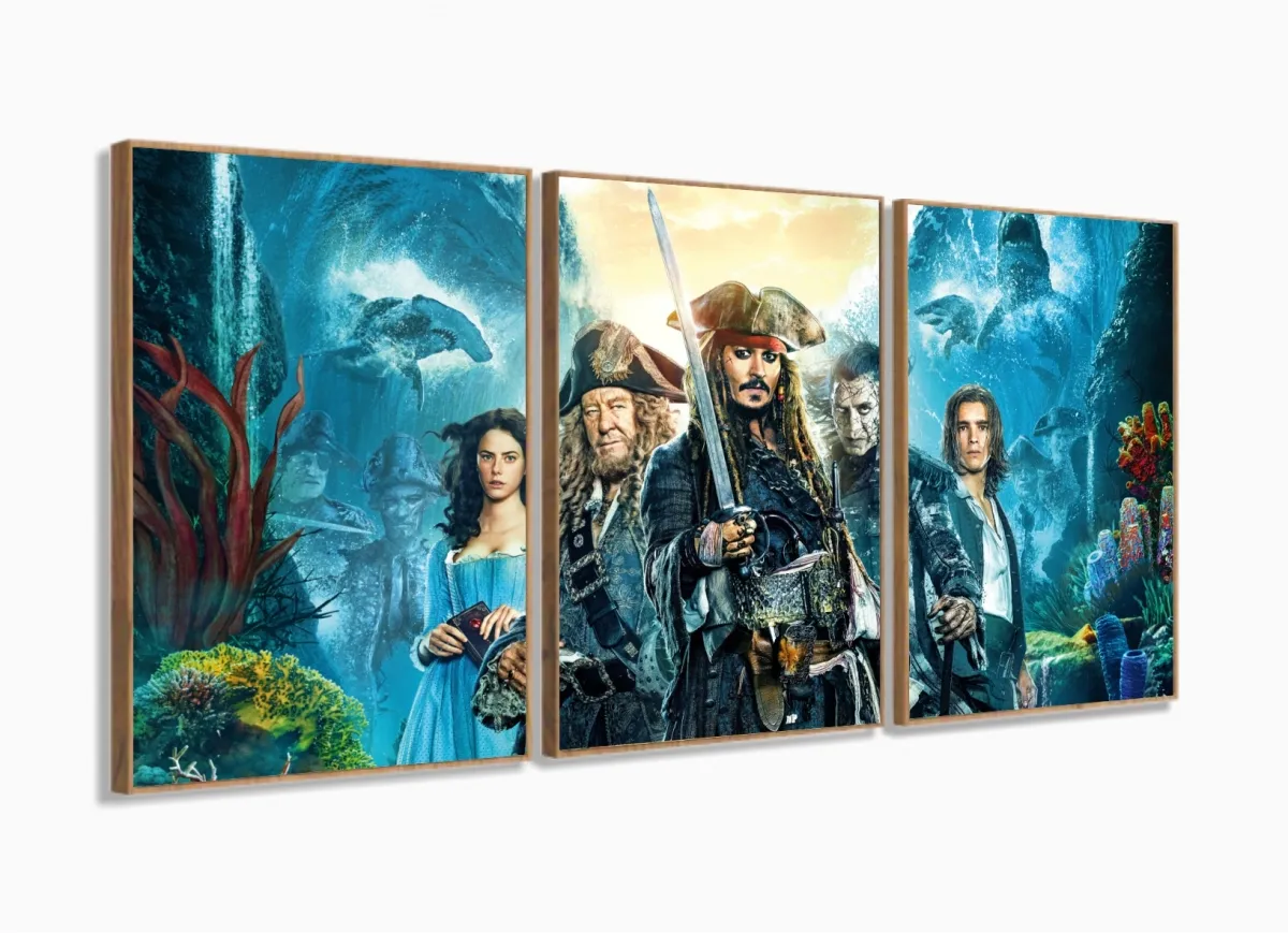 Quadro Decorativo Piratas do Caribe 3 peças 120x60 cm em tecido com moldura filete Imagem