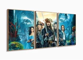 Quadro Decorativo Piratas do Caribe 3 peças 120x60 cm em tecido com moldura filete