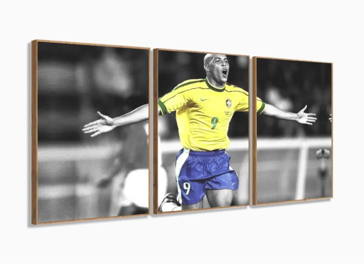 Quadro decorativo Ronaldo Fenômeno com Tela de Tecido 120x60 3 peças com moldura filete Imagem