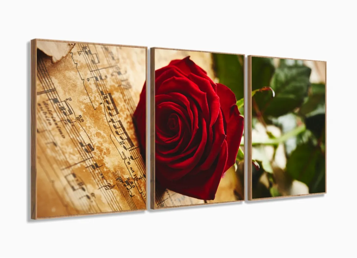 Quadro Decorativo Rosa Vermelha Música 120x60 Sala Quarto com moldura filete Imagem