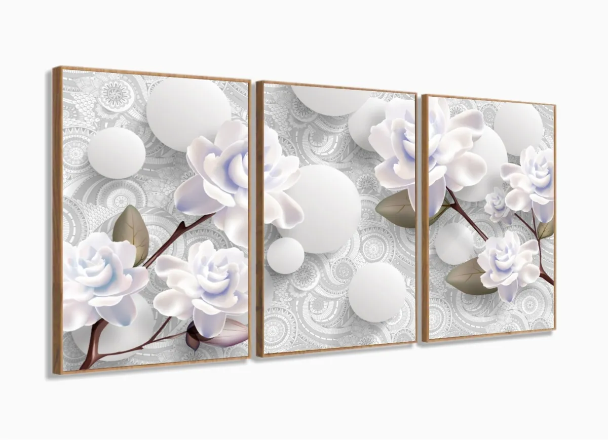 Quadro Decorativo Rosas Brancas Estilo 3d 120x60 3 peças com moldura filete Imagem