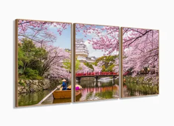 Quadro Decorativo Sala Quarto Escritório Lago e Cerejeiras 120x60 com moldura filete