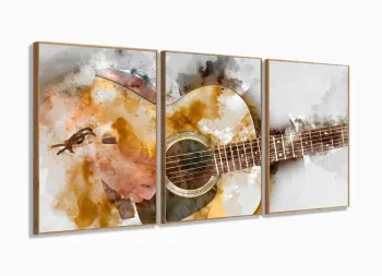 Quadro Decorativo Sala Quarto Violão 120x60 3 peças com moldura filete