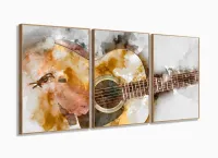 Quadro Decorativo Sala Quarto Violão 120x60 3 peças com moldura filete