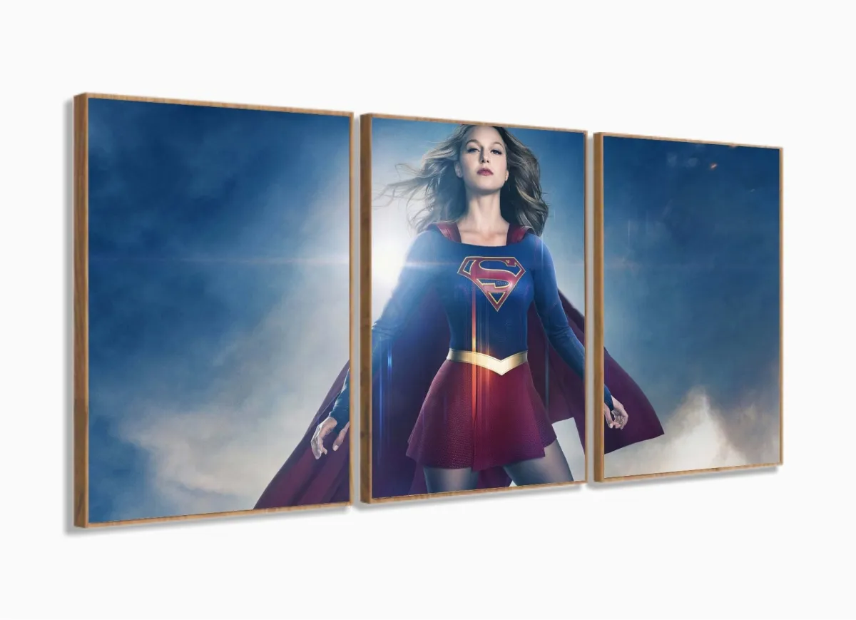 Quadro decorativo SuperGirl com Tela em Tecido 3 peças com moldura filete Imagem