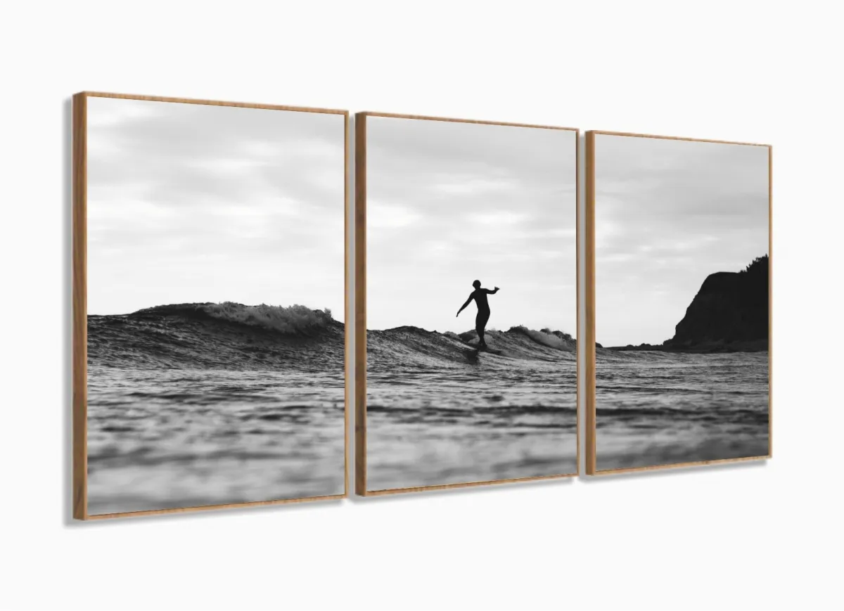 Quadro Decorativo Surf Preto e Branco Sala Quarto 3 péças com moldura filete Imagem