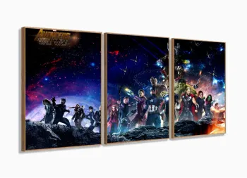 Quadro Decorativo Team Vingadores 3 peças 120x60 cm em tecid com moldura filete