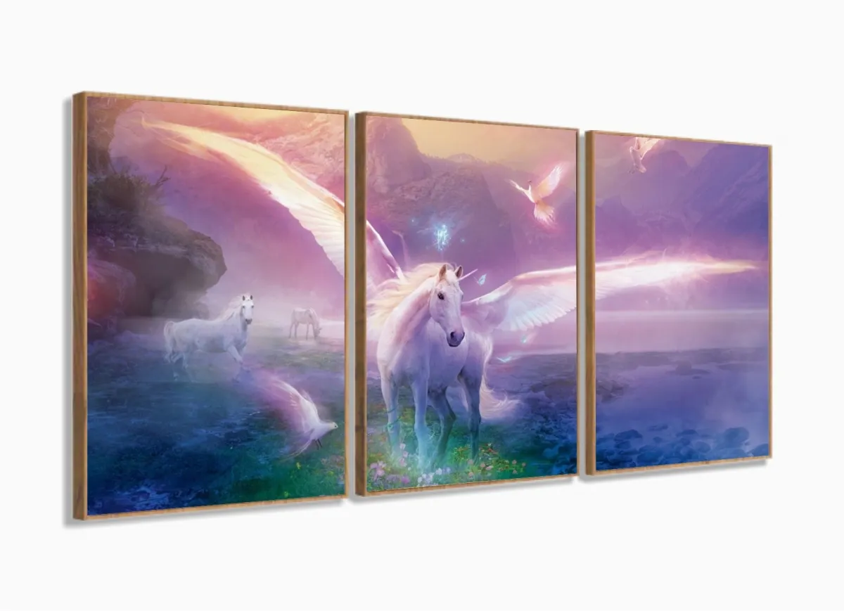 Quadro Decorativo Unicórnio Asas 120x60 Sala Quarto com moldura filete Imagem