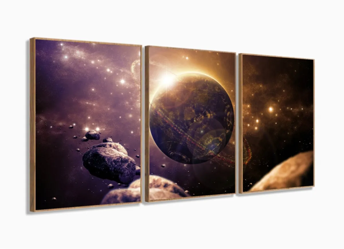 Quadro decorativo Universo Planeta com Tela em Tecido 120x60 3 peças com moldura filete Imagem