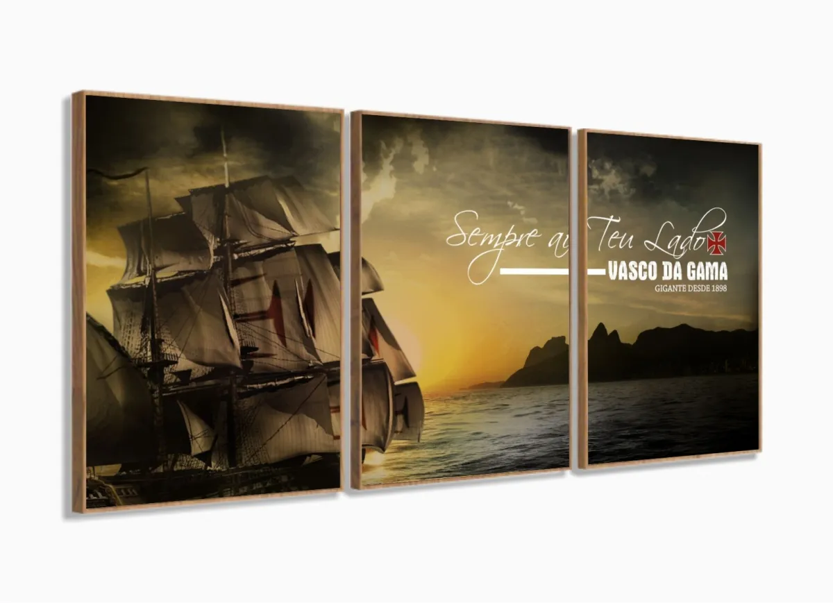 Quadro Decorativo Vasco Da Gama Futebol Com Tela Em Tecido 3 peças com moldura filete Imagem