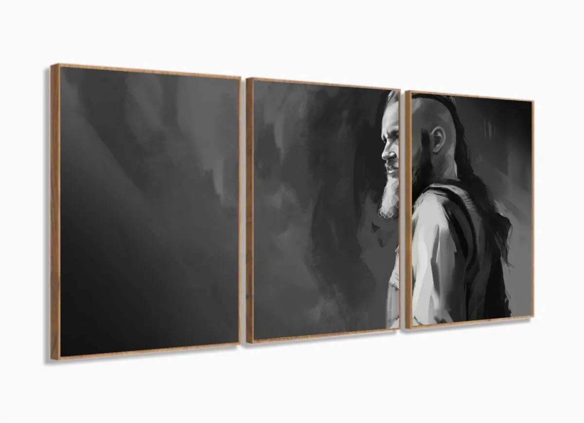 Quadro Decorativo Vikings Ragnar Artístico - Tela Em Tecido 3 peças com moldura filete Imagem