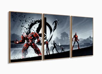 Quadro Decorativo Vingadores 3 peças 120x60 cm em tecido com moldura filete