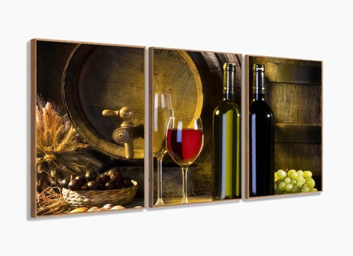 Quadro Decorativo Vinho Torneira Barril 3 Peças 120x60 em tecido com moldura filete Imagem