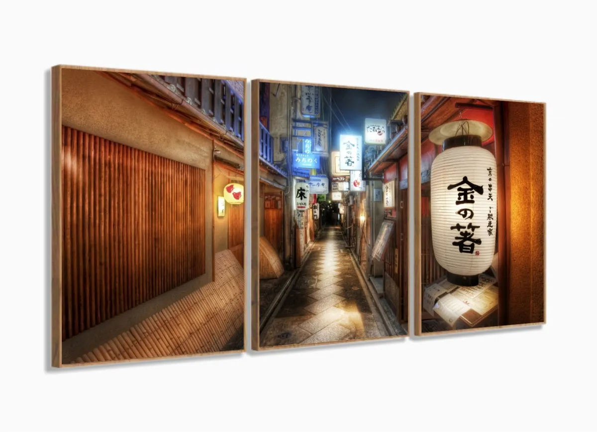 Quadro Decorativo Vintage Streets Of Kyoto - Tela Em Tecido 3 peças com moldura filete Imagem