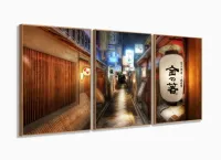 Quadro Decorativo Vintage Streets Of Kyoto - Tela Em Tecido 3 peças com moldura filete