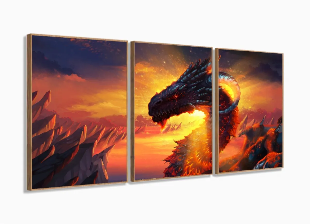 Quadro Decorativos Dragão com 3 peças 125x60 com moldura filete Imagem