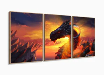 Quadro Decorativos Dragão com 3 peças 125x60 com moldura filete