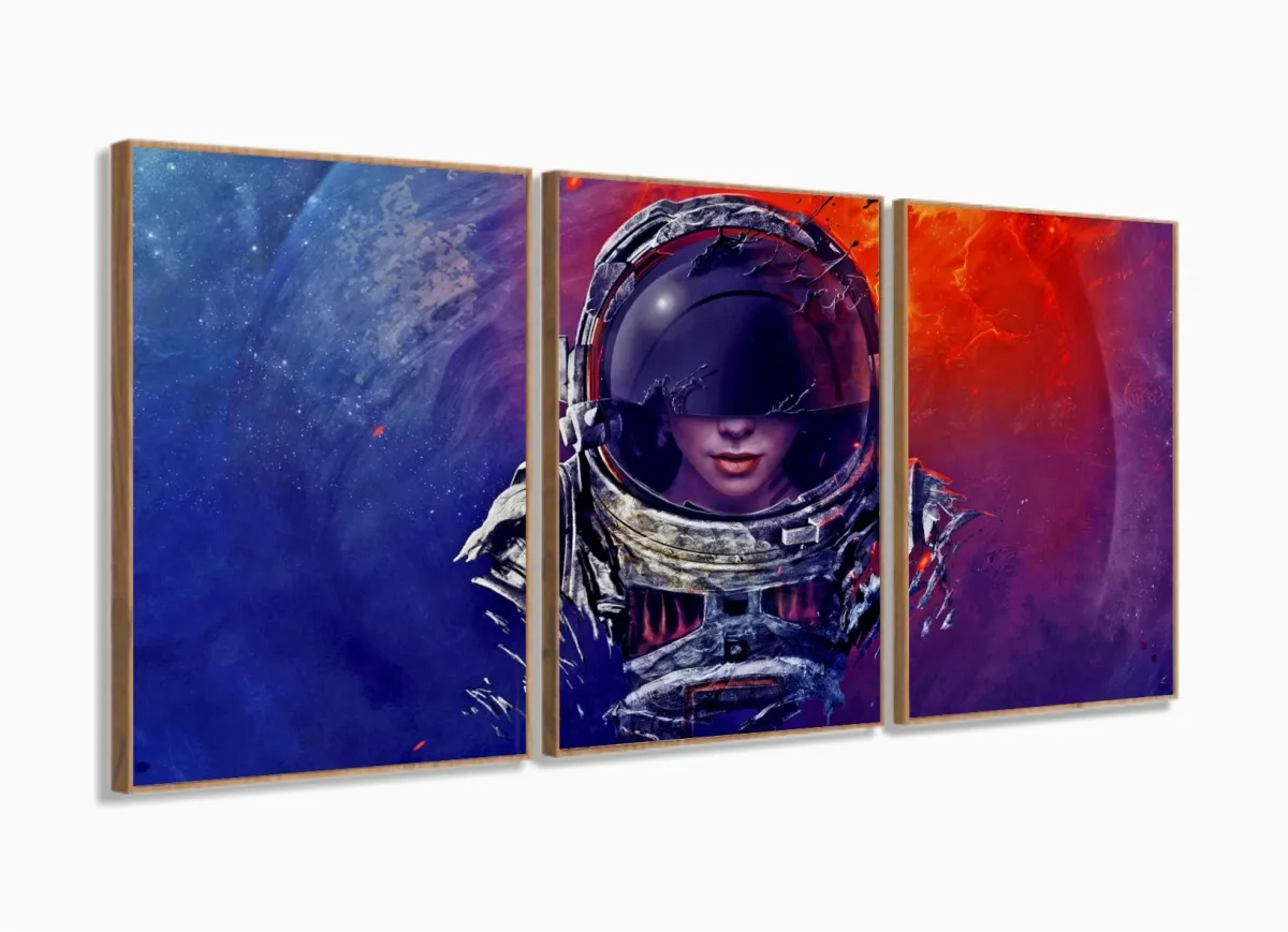Quadro Decorativos Menina Astronalta Com 3 Peças 125x60 com moldura filete Imagem