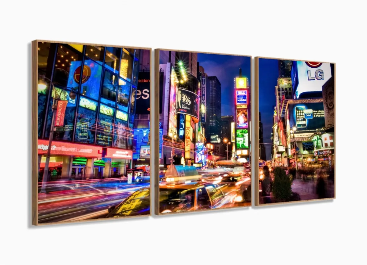 Quadro Em Tecido Decorativo New York City Times Square Luzes 120x60 3 peças com moldura filete Imagem
