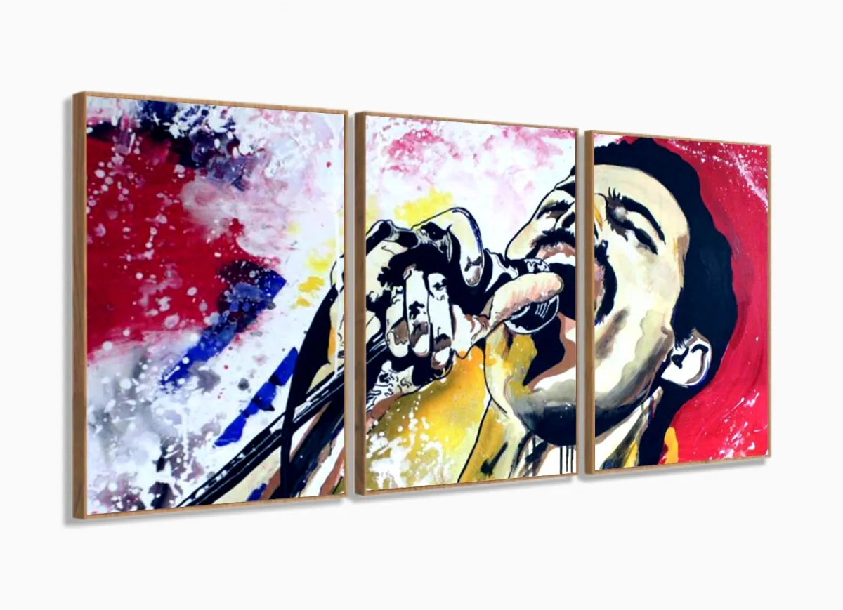 Quadro Freddie Mercury Rock Art Decorativo Em Tecido 120x60 com moldura filete Imagem