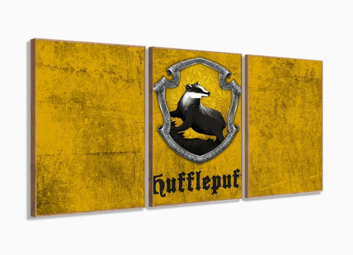 Quadro Harry Potter Huflepuff Decorativo Com Tela Em Tecido 120x60 3 peças com moldura filete Imagem