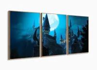 Quadro Hogwarts Castel Harry Potter Com Tela Em Tecido 3 peças com moldura filete