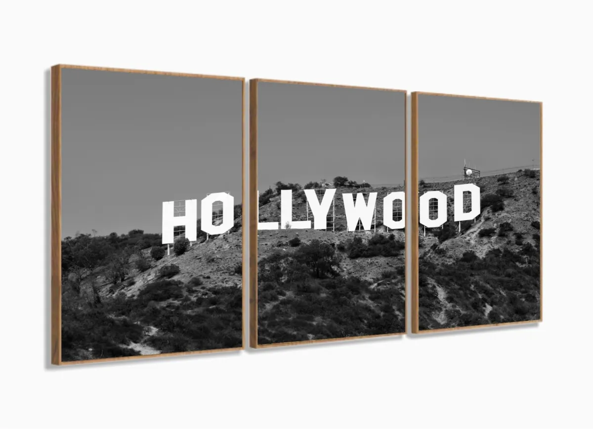 Quadro Hollywood Em Preto E Branco Decorativo Em Tecido 120x60 3 peças com moldura filete Imagem