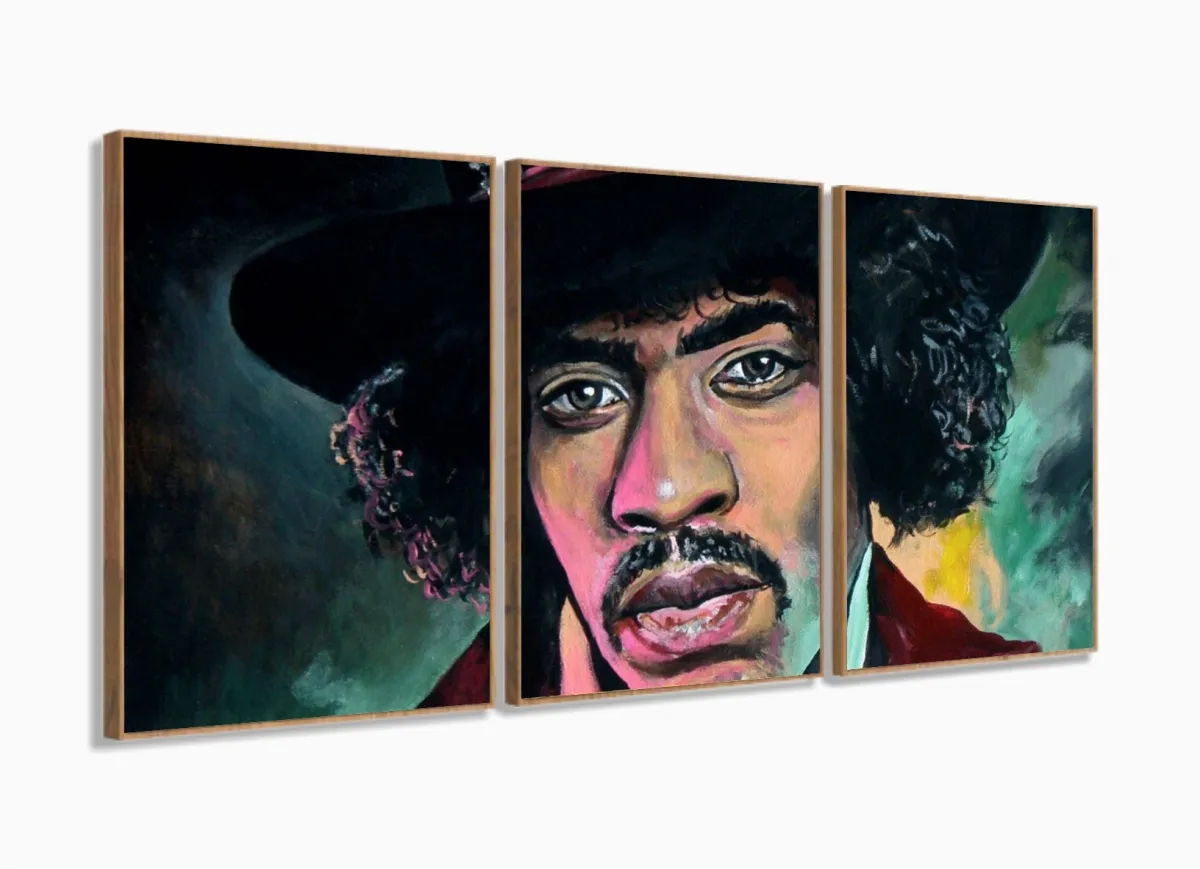 Quadro Jimi Hendrix Moderno Em Tecido 3 Peças 120x60 com moldura filete Imagem
