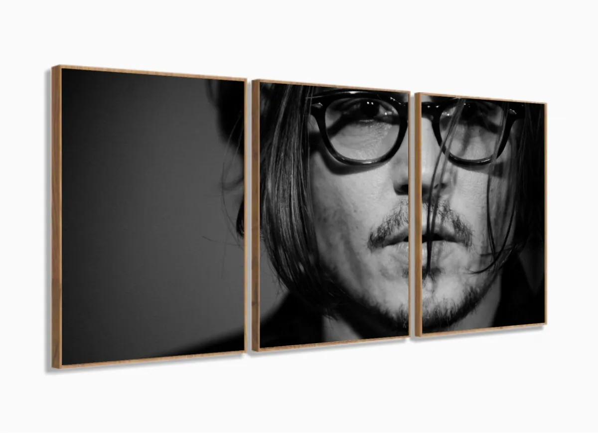 Quadro Johnny Depp Decorativo Preto E Branco 125x60 3 peças com moldura filete Imagem