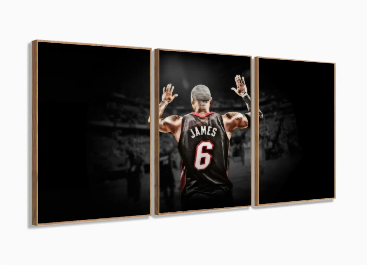 Quadro Lebron James Basquete com Tela em Tecido 120x60 3 peças com moldura filete Imagem