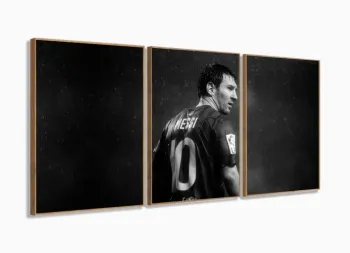 Quadro Lionel Messi Preto e Branco decorativo 3 peças 120x60 em tecido com moldura filete
