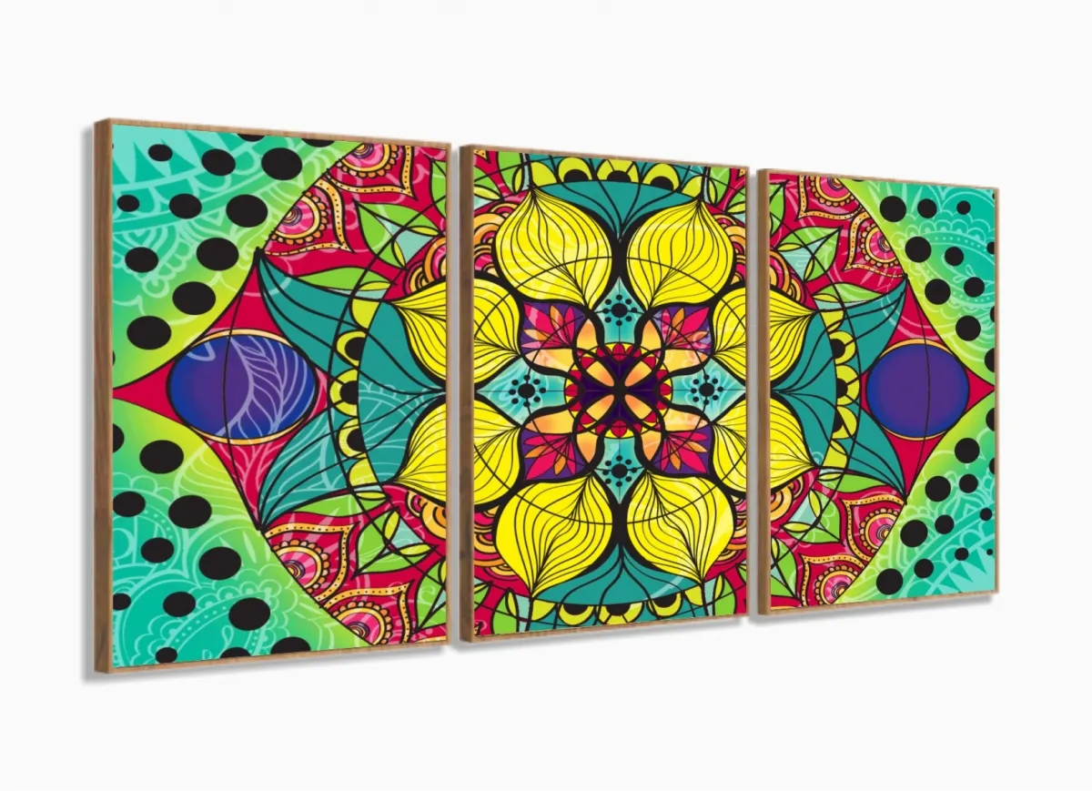 Quadro Mandala Para Sala Quarto Hall Colorido 3 Peças 120x60 com moldura filete Imagem