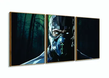 Quadro Mortal Kombat Sub Zero decorativo Tela em Tecido 120x60 3 peças com moldura filete