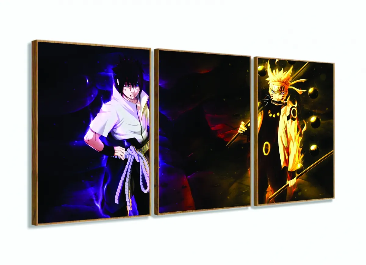 Quadro Mosaico Para Quarto Naruto e Sasuke Uchiha 120x60 em tecido 3 peças com moldura filete Imagem