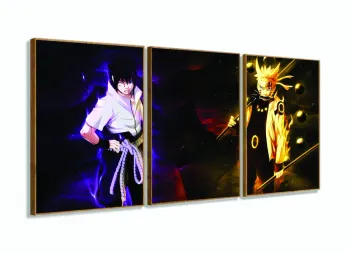 Quadro Mosaico Para Quarto Naruto e Sasuke Uchiha 120x60 em tecido 3 peças com moldura filete