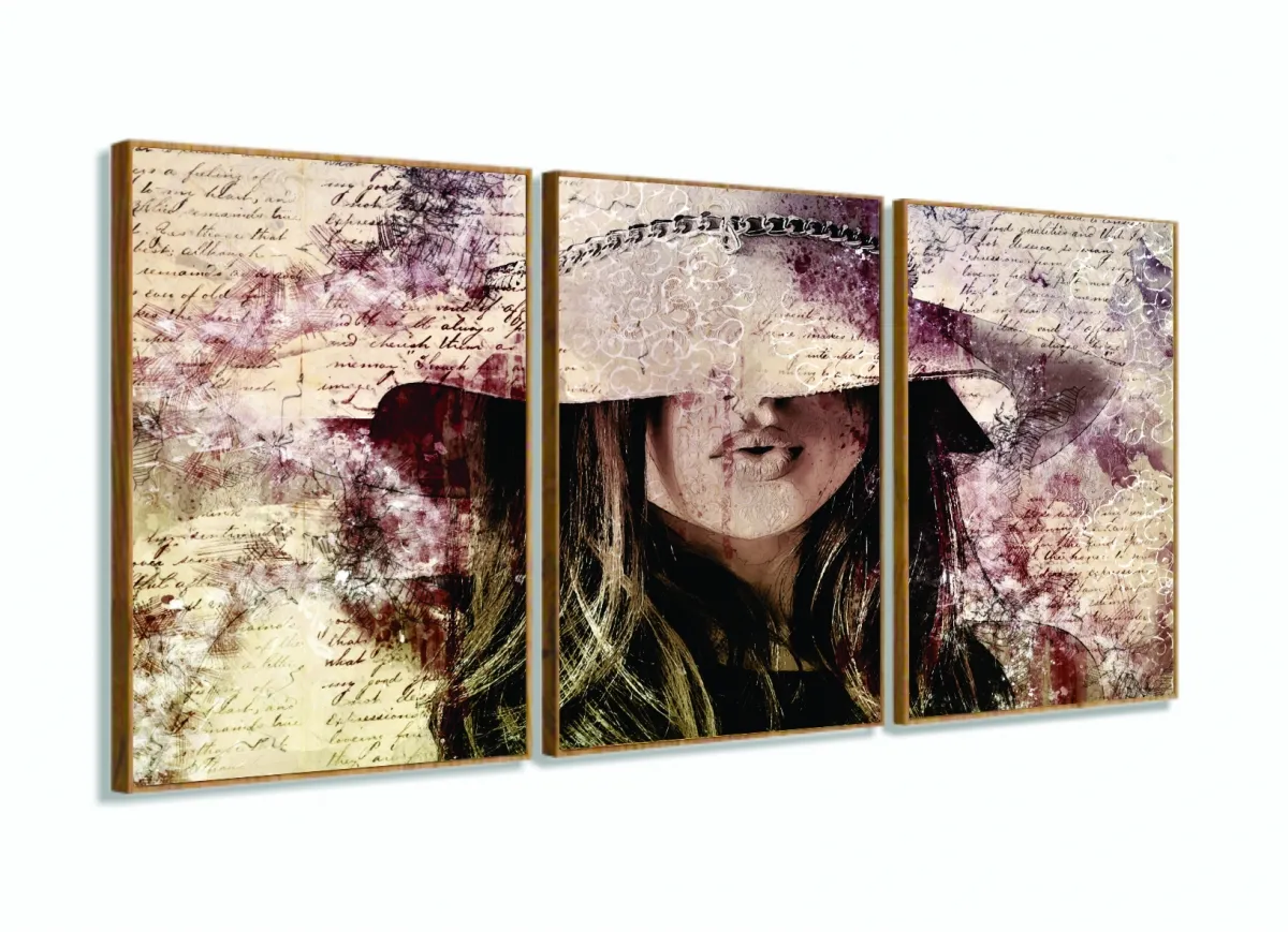 Quadro Mulher Vintage Sala Escritório Em Tecido 120x60 3 peças com moldura filete Imagem