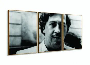 Quadro Pablo Escobar Mosaico decorativo Preto e Branco 120x60 3 peças com moldura filete