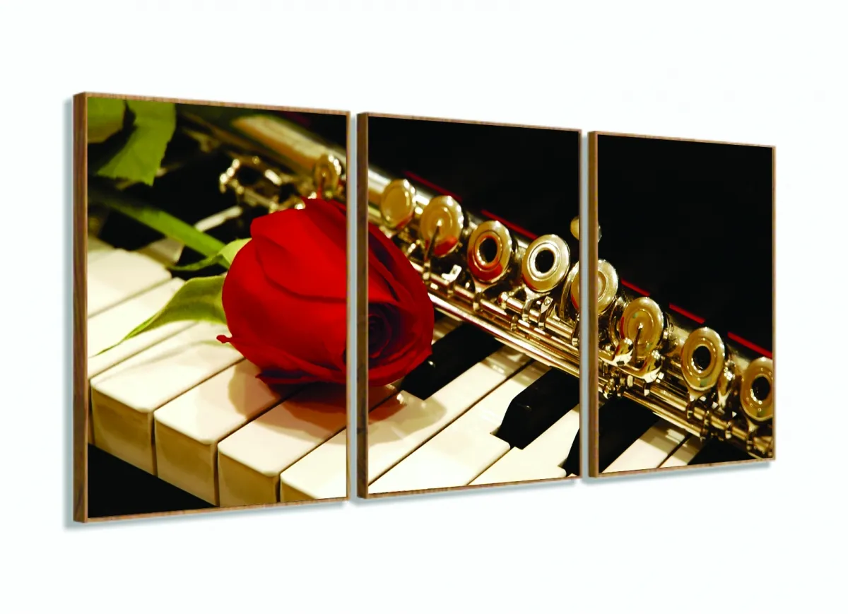 Quadro Piano Flauta E Rosa Instrumentos Em Tecido 3 Peças com moldura filete Imagem