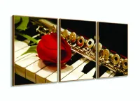 Quadro Piano Flauta E Rosa Instrumentos Em Tecido 3 Peças com moldura filete