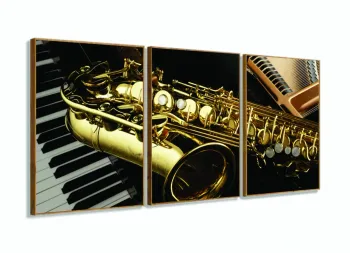 Quadro Piano Teclado E Saxofone Música Decorativo 120x60 com moldura filete