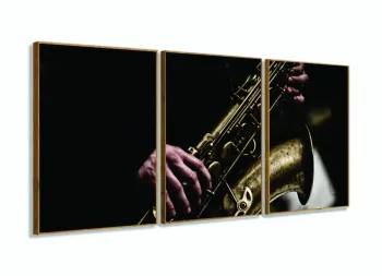 Quadro Saxofone Vintage Música Instrumentos Em Tecido 3 Peças com moldura filete