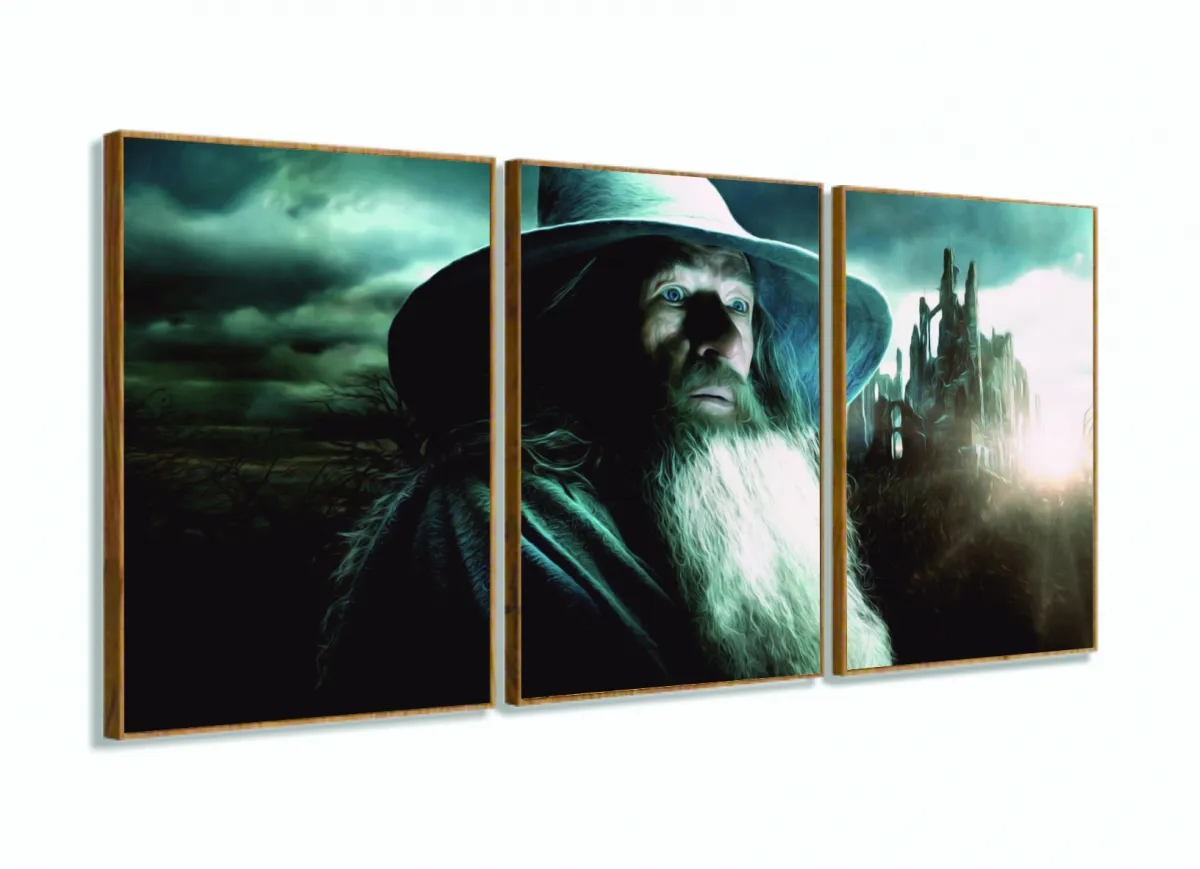 Quadro Senhor Dos Anéis Gandalf Hobbit Para Quarto 120x60 3 peças com moldura filete Imagem